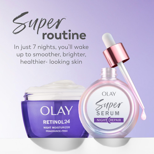 Retinol 24 Nigh Moisturizer jar and Super Serum night repair bottle. Super routine. In just 7 night, youll wake up to smoother, brighter, healthier looking skin.