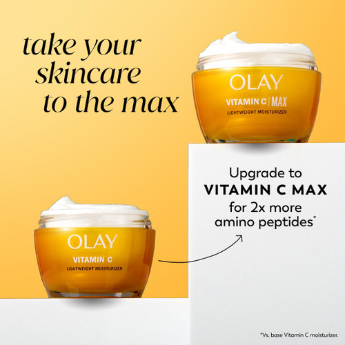 Vitamin C Lightweight Hydrating Moisturizer jar and Vitamin C Lightweight Hydrating Moisturizer MAX jar. Take your skincare to the MAX. Upgrade to vitamin c max for 2x more peptides* *Vs the base vitamin c moisturizer