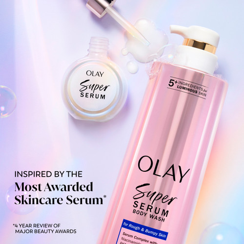 Olay Super Serum bottle and Super Serum Body Wash bottle. Inspired by the most awarded skincare serum *4 year review of major beauty awards.