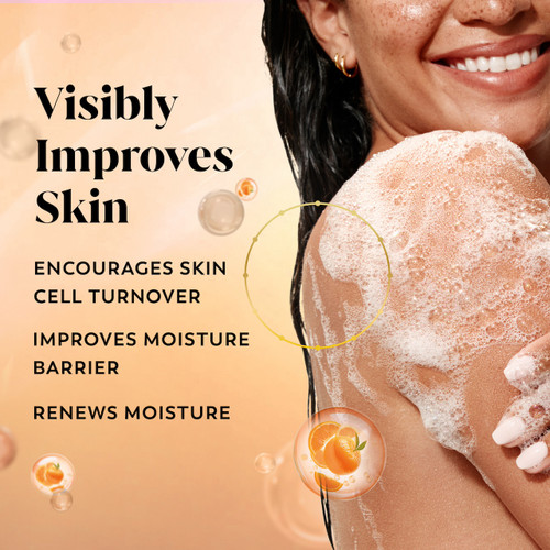 Model posing lathering body wash on skin. Visibly improves skin. Encourages skin cell turnover. Improves moisture barrier. Renews moisture.