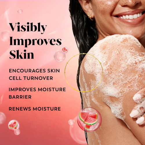 Model posing lathering body wash on skin. Visibly improves skin. Encourages skin cell turnover. Improves moisture barrier. Renews moisture.