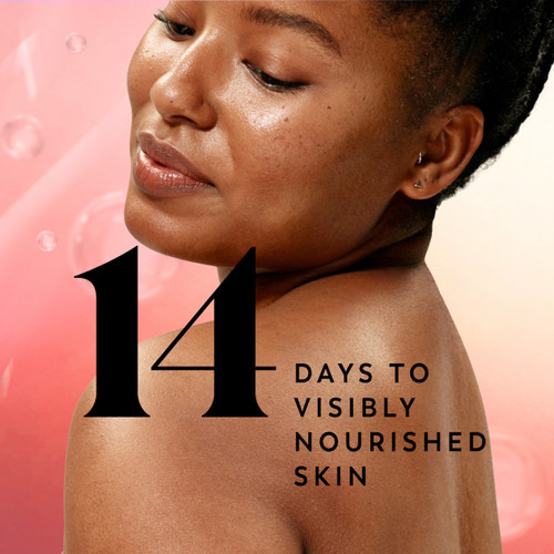 Model posing. 14 days to visibly nourished skin.