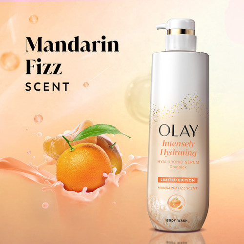 Olay Intensely Hydrating Body Wash bottle. Mandarin Fizz scent