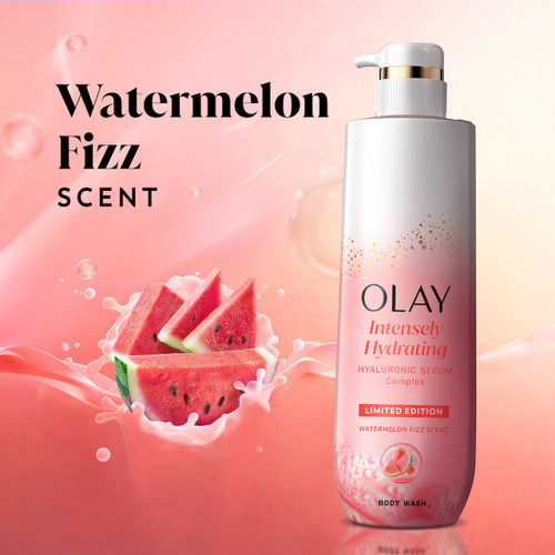 Olay Intensely Hydrating Body Wash, Strawberry bottle. Strawberry fizz scent.