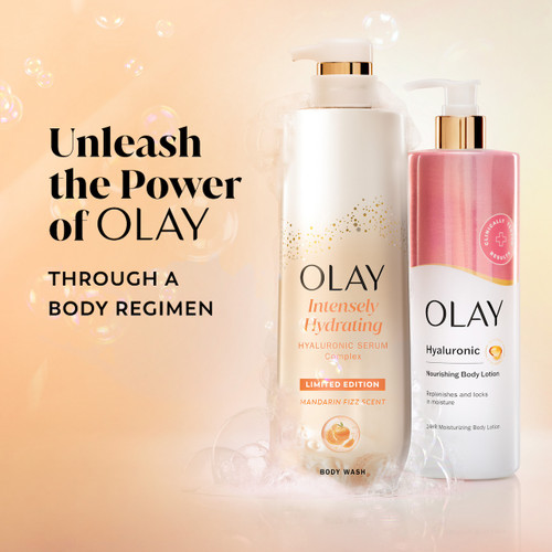 Olay Intensely Hydrating Body Wash bottle Mandarin Fizz scent and hyaluronic nourishing body lotion bottle. Unleash the power of Olay through a body regimen.
