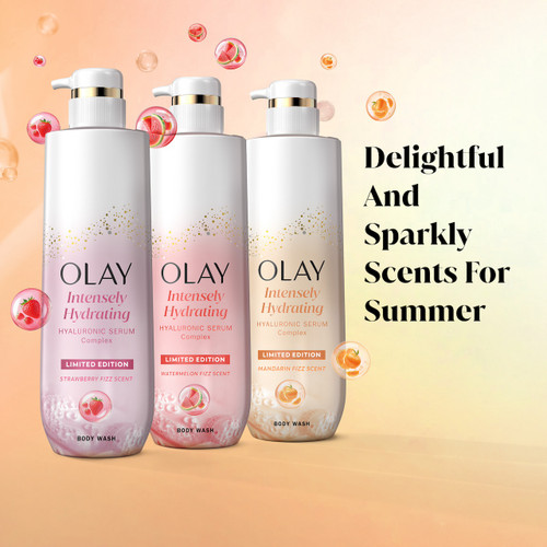 Olay Intensely Hydrating Body Wash, Strawberry bottle, intensely hydrating hyaluronic serum complex watermelon fizz scent bottle, and intensely hydrating hyaluronic serum complex mandarin fizz scent bottle. Delightful and sparkly scents for summer.