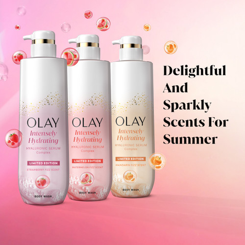 Olay Intensely Hydrating Body Wash, Strawberry bottle, intensely hydrating hyaluronic serum complex watermelon fizz scent bottle, and intensely hydrating hyaluronic serum complex mandarin fizz scent bottle. Delightful and sparkly scents for summer.