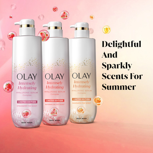 Olay Intensely Hydrating Body Wash, Strawberry bottle, intensely hydrating hyaluronic serum complex watermelon fizz scent bottle, and intensely hydrating hyaluronic serum complex mandarin fizz scent bottle. Delightful and sparkly scents for summer.
