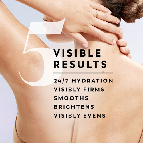 Model posing. 5 visible results. 24/7 hydration. Visibly firms. Smooths. Brightens. Visibly evens.
