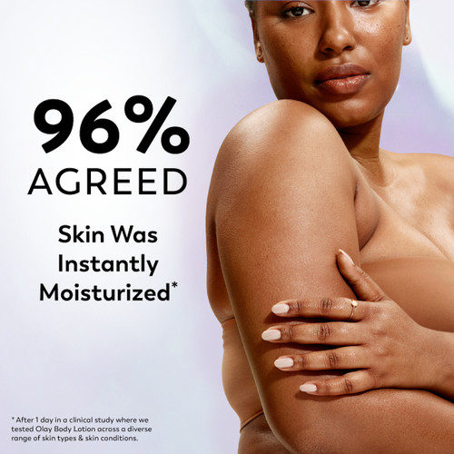 Model posing. 96% agreed skin was instantly moisturized*. *After 1 day in a clinical study where we tested Olay Body Lotion across a diverse range of skin types and skin conditions.
