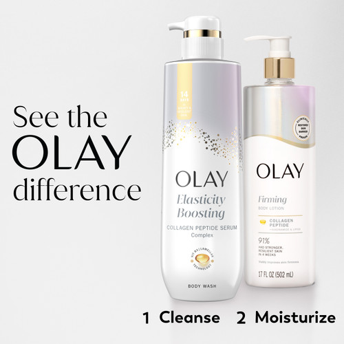 Olay Firming & Hydrating Body Lotion with Collagen bottle and elasticity boosting collagen peptide serum complex body wash bottle. See the Olay difference. 1 cleanse, 2 moisturize.
