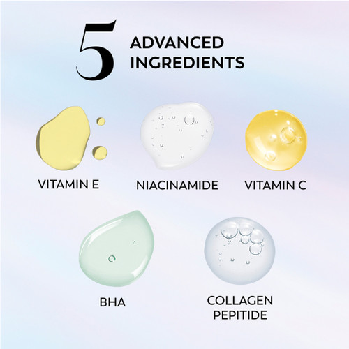 Ingredients. 5 advanced ingredients. Vitamin E, Niacinamide, Vitamin C, BHA, Collagen Peptide.