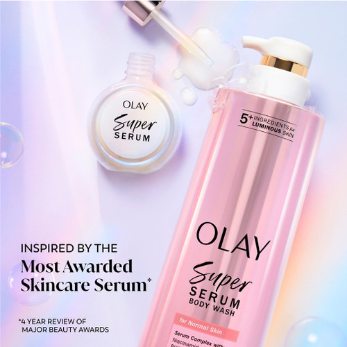 Olay Super Serum bottle and Super Serum Body Wash bottle. Inspired by the most awarded skincare serum *4 year review of major beauty awards.