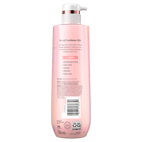 Olay Super Serum Body Wash for Normal Skin bottle with pump. Back ingredients.