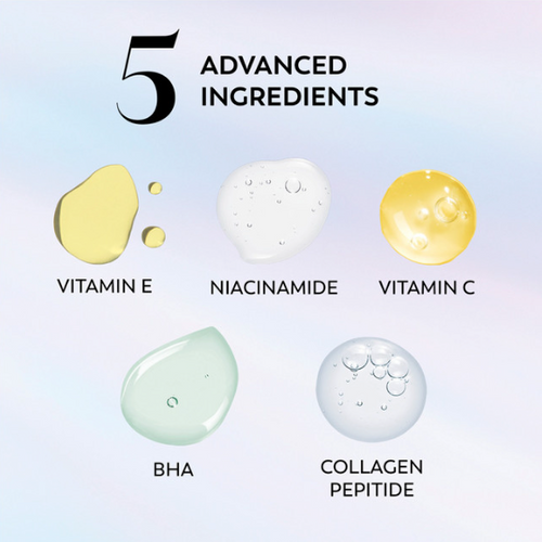 Ingredients. 5 advanced ingredients. Vitamin E, Niacinamide, Vitamin C, BHA, Collagen Peptide.